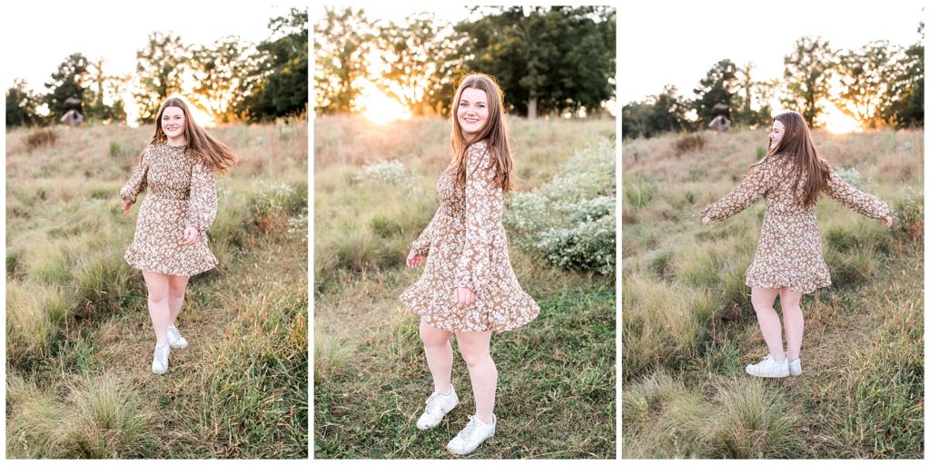 Girl spinning in field at sunset NCMA Senior Portraits Raleigh