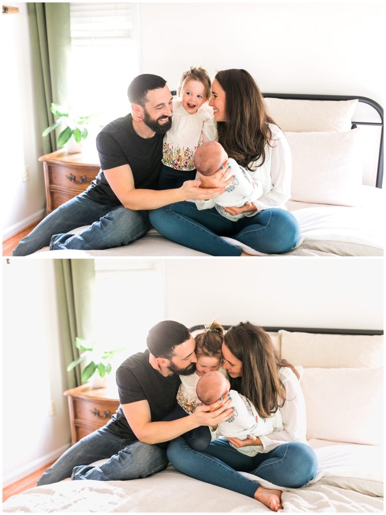Family on bed newborn session raleigh nc