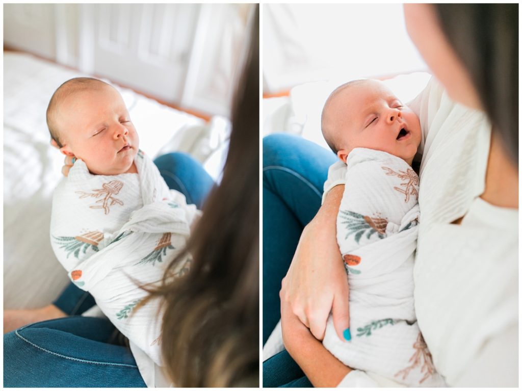 Baby boy in mom's arms newborn session