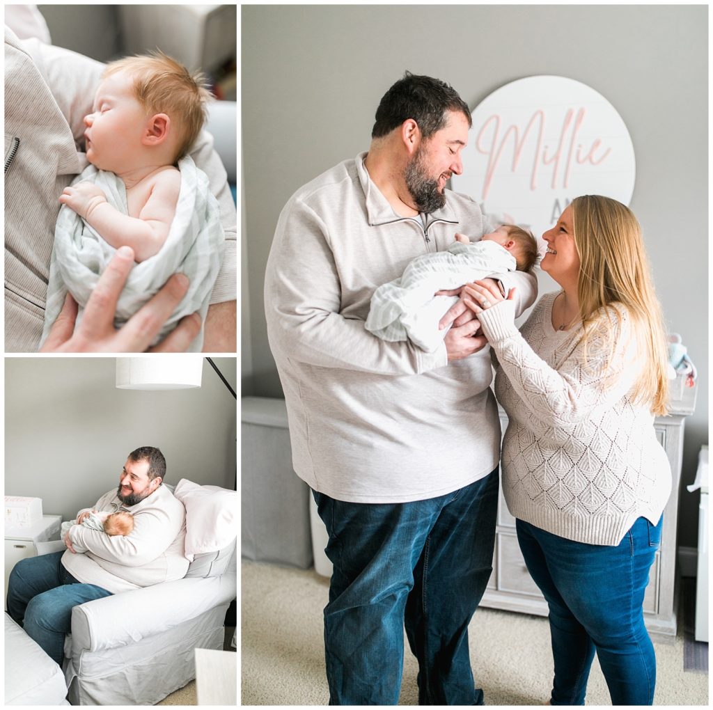 family looking at newborn baby at newborn photography session raleigh Newborn Photographer Raleigh NC