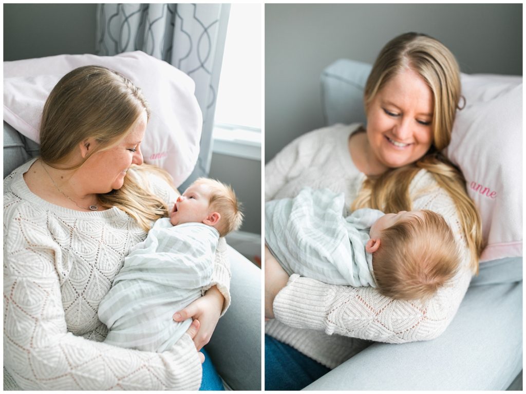 mom holding baby in nursery newborn photo session Newborn Photographer Raleigh NC