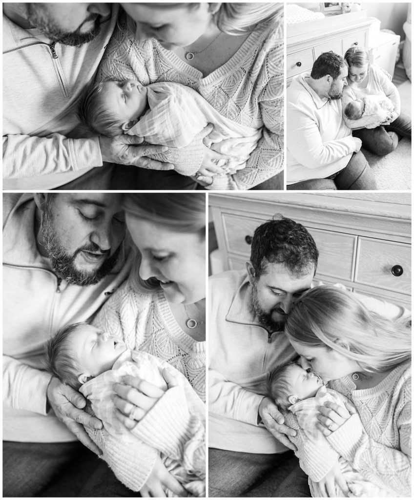black and white newborn session images of family holding baby Newborn Photographer Raleigh NC