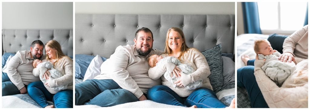 family smiling with newborn baby at newborn photography session