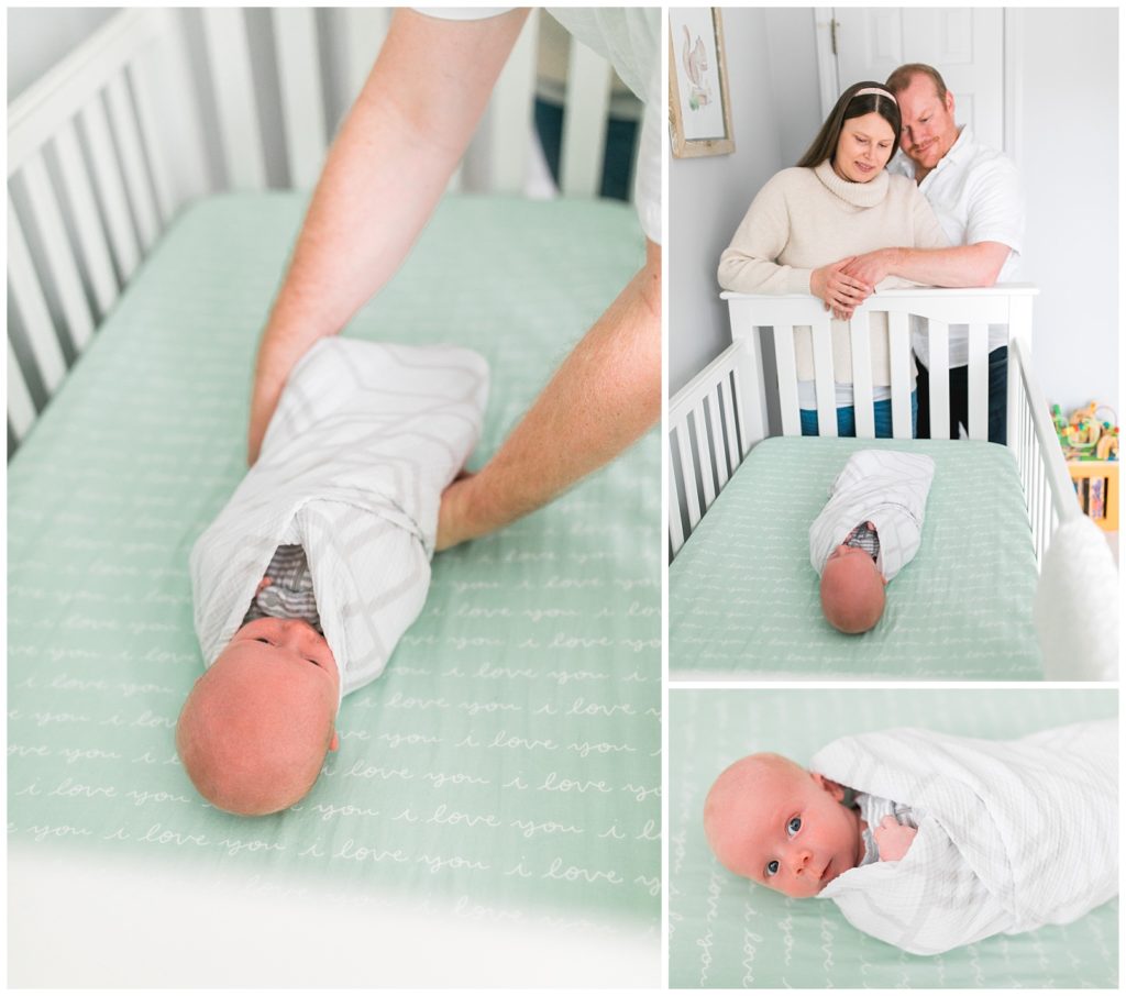 laying baby boy down in crib newborn session
