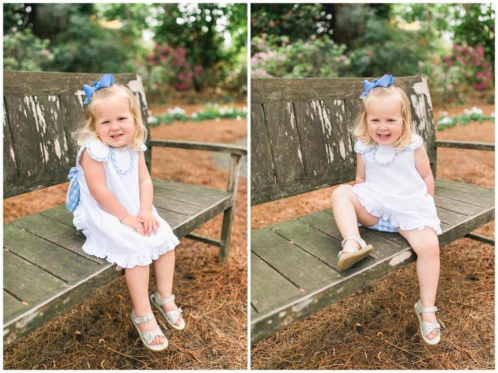 little girl on a bench photo session