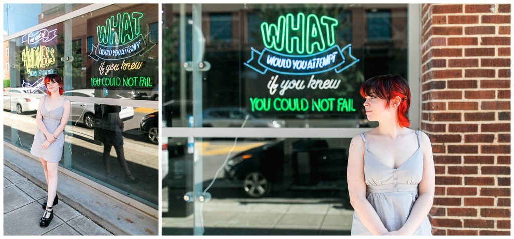 downtown raleigh signs senior portraits girl red hair