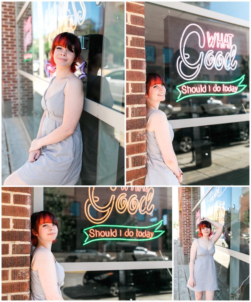 downtown senior shoot girl neon signs