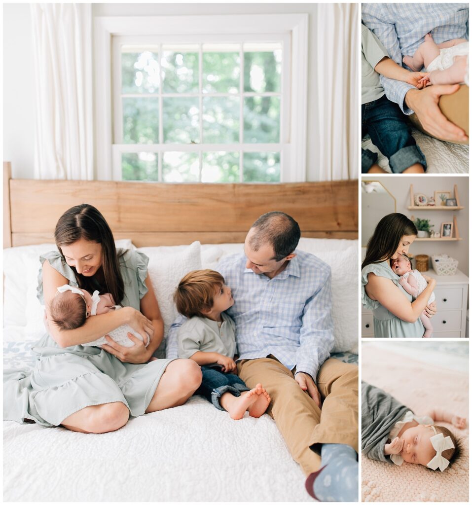 Newborn Photo shoot on bed and in nursery. Brother and sister holding hands