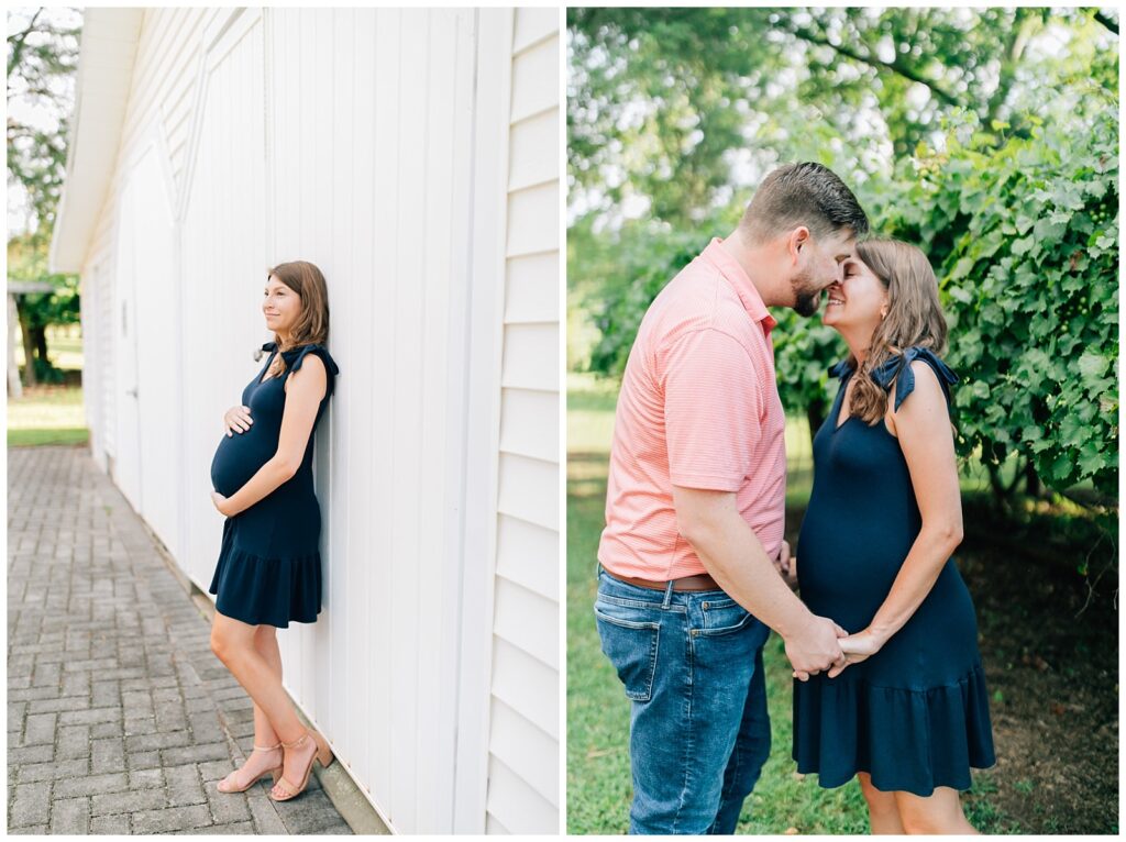 Maternity shoot in front of white wall and vineyard